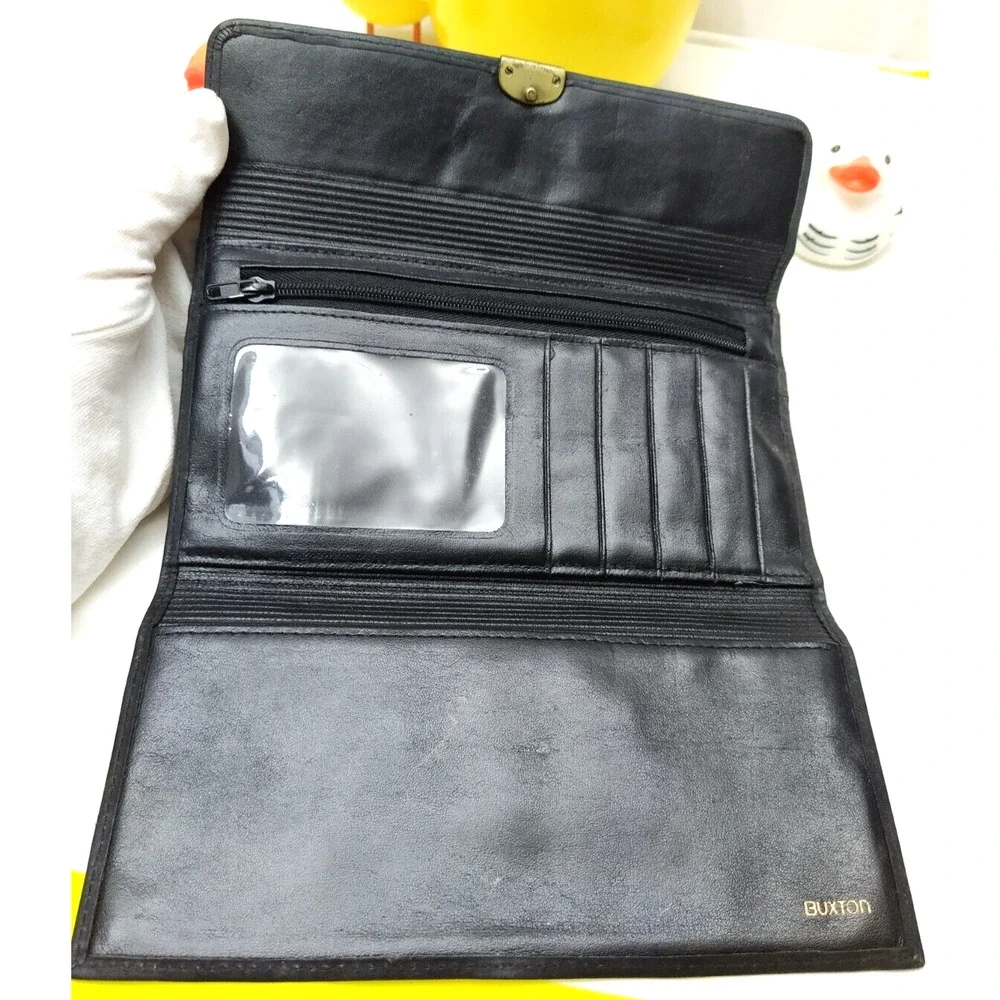 Buxton Black Leather Kisslock Credit Card ID Window Trifold Wallet